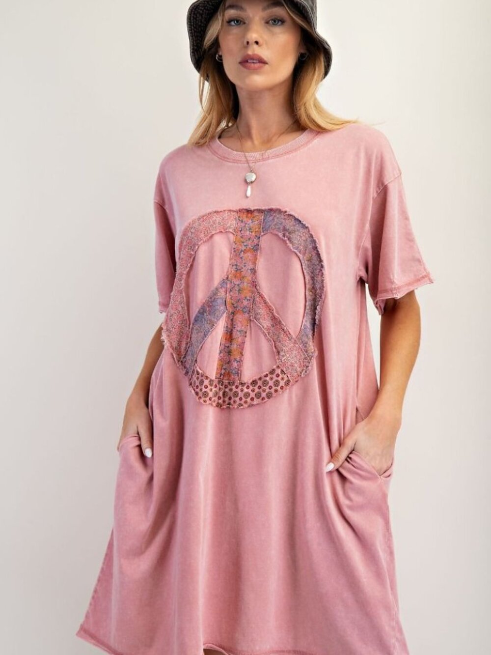 EASEL PEACE PATCH WASHED COTTON JERSEY TUNIC DRESS 100% COTTON